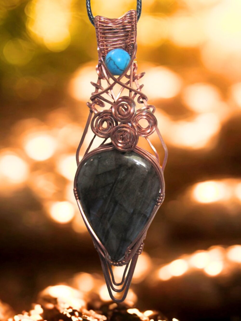 Blue Flash Labradorite Wire Wrapped Copper Pendant Necklace Handmade Gemstone 4"